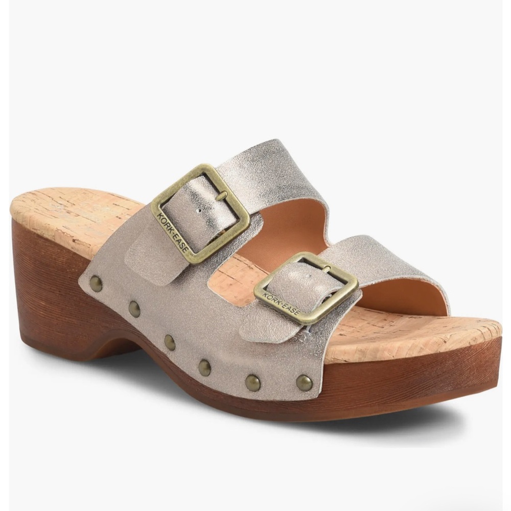 Kork-Ease Metallic Silver Dual-Buckle Cork Platform Sandals